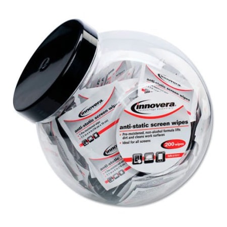 Innovera Anti-Static Screen Cleaning Wipes, 200 Sachets, Fishbowl Black Top 51517